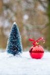 Little Christmas Tree With Red Bauble Outdoors In Snow Stock Photo