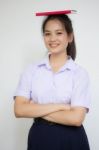Asia Thai High School Student Uniform Beautiful Girl Read A Book Stock Photo