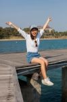 Asian Younger Woman Happiness Emotion At Sea Side Traveling Destination Stock Photo