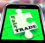 Fair Trade Smartphone Shows Purchasing Ethical Fairtrade Goods Stock Photo