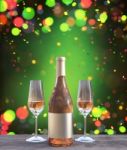 Bottle And Two Glass Of Champagne Decorated On Wooden Floor Stock Photo
