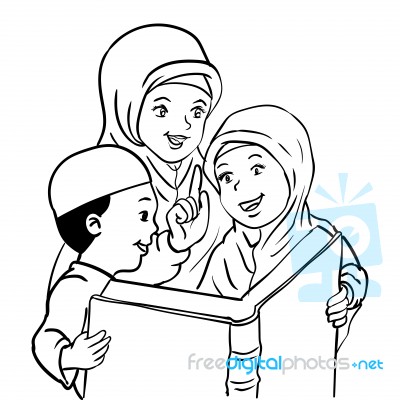 Cartoon Muslim Mather And Kids Read Book- Illustration Stock Image