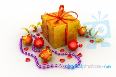 Christmas Gift Box With Shiny Balls Stock Image