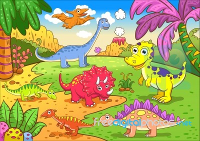 Cute Dinosaurs In Prehistoric Scene Stock Image
