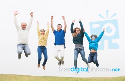 Family Jumping On The Air At Park Stock Photo
