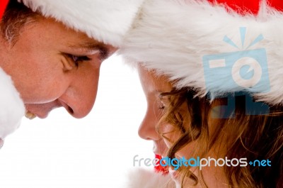 Father And Daughter In Santa Hat Stock Photo