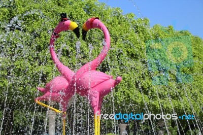 Fountain With A Couple Of Lovely Flamingos Stock Photo