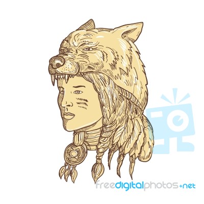 Native American Woman Wearing Wolf Headdress Stock Image - Royalty Free