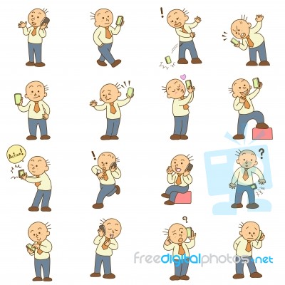 Set Of Funny Cartoon Man And Mobile Phone Stock Image