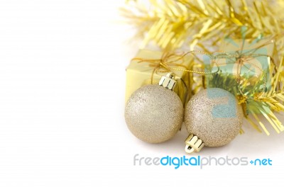 Two Gold Ball With Gift Box For New Year And Christmas Stock Photo