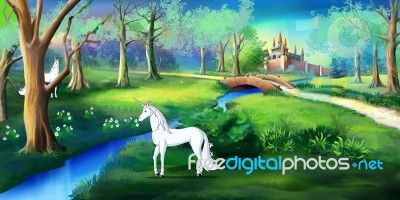 White Unicorn In A Magic Forest Near A Fairy Tale  Castle Stock Image