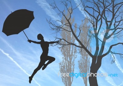 Woman Jumps With Umbrella Stock Image
