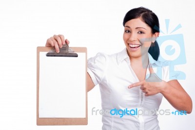 Woman Pointing Blank Clip Board Stock Photo
