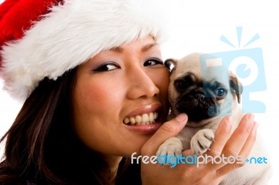 Woman With Christmas Hat And Pug Stock Photo