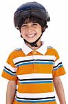 Kid With Head Cap Ready For Bicycle Ride Stock Photo