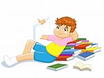 School Boy Lying And Reading Stock Photo
