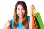 Asian Woman Holding Shopping Bag Stock Photo