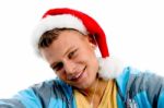 Young Male Wearing Christmas Hat Stock Photo