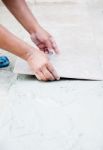 Floor Tile Installation Stock Photo