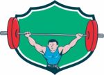 Weightlifter Deadlift Lifting Weights Shield Cartoon Stock Photo