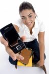 Sitting Girl Student Showing Mobile Stock Photo