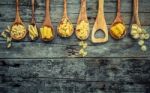 Italian Foods Concept And Menu Design. Various Kind Of Pasta Far Stock Photo