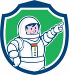 Astronaut Pointing Front Shield Cartoon Stock Photo