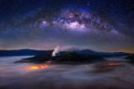 Milky Way Over Bromo Mount In Bromo Tengger Semeru National Park, East Java, Indonesia Stock Photo