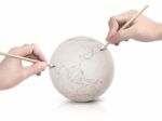 Two Hand Stroke Drawing Asia Map On Paper Ball Stock Photo