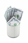 Dollar Bills From Tin Can On White Background Stock Photo