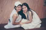 Two Asia Thai High School Student Best Friends Beautiful Girl Smile And Funny Stock Photo