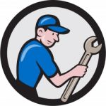 Handyman Holding Spanner Circle Cartoon Stock Photo