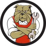 Bulldog Mechanic Arms Crossed Spanner Circle Cartoon Stock Photo