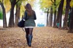 Beautiful Girl Walking In Autumn Stock Photo