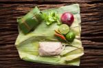 Nham Sour Pork In Banana Leaves Thai Food Stock Photo