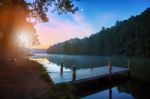 Beautiful Sun Rising Sky Scenic At Pang Ung Most Popular Traveling Destination In Mae Hong Son Northern Of Thailand Stock Photo