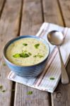 Bowl Of Broccoli And Cheddar Cheese Soup Stock Photo