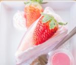 Serving Fresh Strawberry Crepe Cake Stock Photo