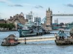 Hms Belfast Anchored Near Tower Bridge In London Stock Photo