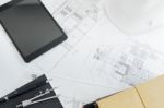 Construction Equipment. Repair Work. Drawings For Building Archi Stock Photo