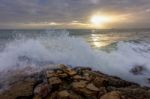 Sun Setting At Quarteira In Portugal Stock Photo