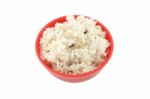 Steam Brown Rice Red Bowl On White Background Stock Photo