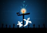 Halloween White Ghost Cross Thunderbolt Zombie Hand Graveyard Stock Photo