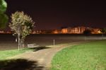 Night Public Park In The City With Houses Near Stock Photo