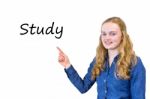 Dutch Teenage Girl Pointing At Word Study On White Board Stock Photo