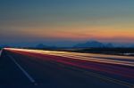 The Light Trails On The Street With Sunset Stock Photo