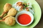 Fried Shrimp With Sugarcane And Chilli Sauce Stock Photo