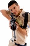 Soldier Going To Shoot With Gun Stock Photo