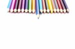 Multicolored Pencils On White Background To Create A Collage Stock Photo