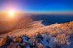 Sunrise On Deogyusan Mountains Covered With Snow In Winter,south Korea Stock Photo